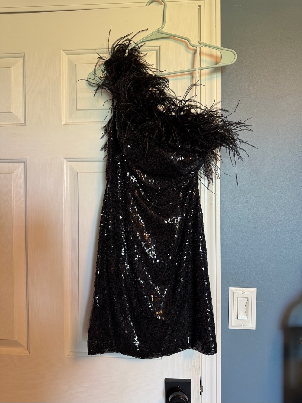 B Darlin Black Sequin One-Shoulder Feather Mini Dress
